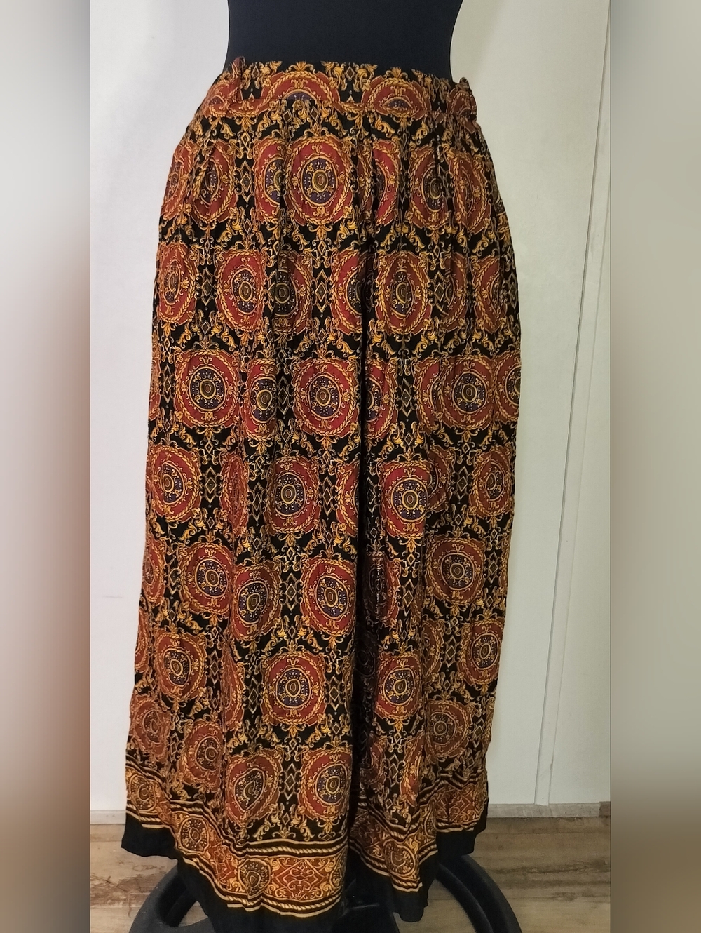 Ganni Black Maxi Skirt with Rust and Gold Medallion Print